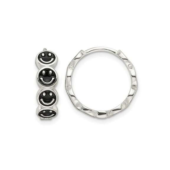 Gem & Harmony Sterling Silver Black Enamel Smiley Face Hoop Earrings for Women