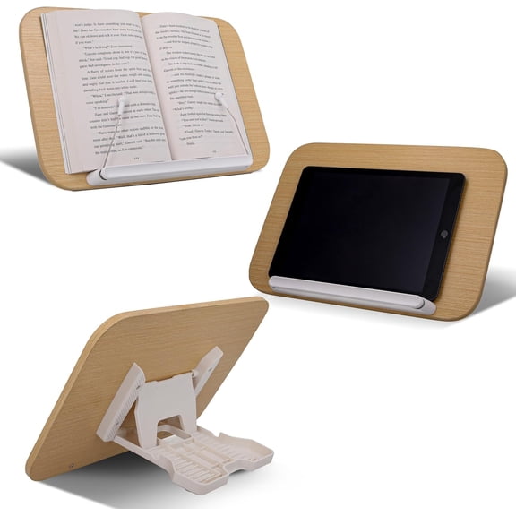 Desktop Book Stand for Reading with Wooden Panel & Rolling Ball Page Clips Foldable and Angle Adjustable for Cooking Book Holder Textbook Recipe Magazine Document Storybook Cookbook