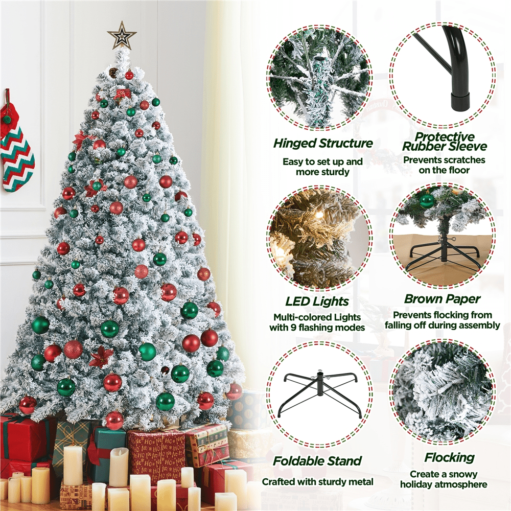 Alden Design 7.5ft Pre-lit Flocked Artificial Christmas Tree with 550 LED Lights for Holiday Decorative, White
