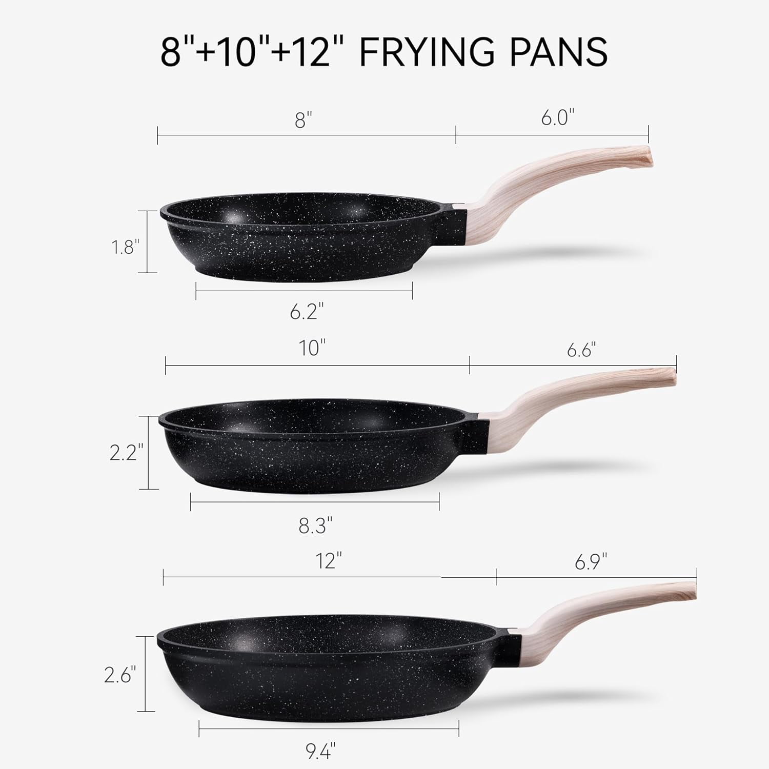 Non Stick Frying Pan Skillet Set Granite Chef Pan Induction Compatible Egg Frying Pan with Heat-Resistant Handle PFOA-Free Black 8+10+12 Inch