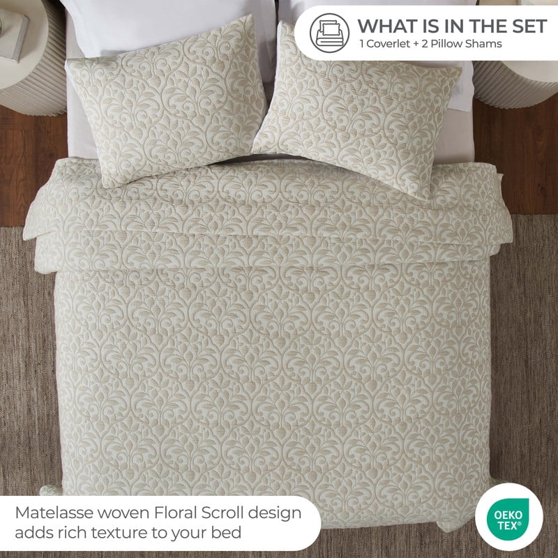 Superior Vineyard Cotton Blend Matelasse Coverlet, Throw, Beige