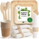 thumbnail image 1 of Set de fiesta: platos de bambú con forma de hoja de palma y cubiertos preenrollados, 1 of 7