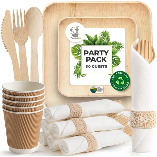 Set de fiesta: platos de bambú con forma de hoja de palma y cubiertos preenrollados