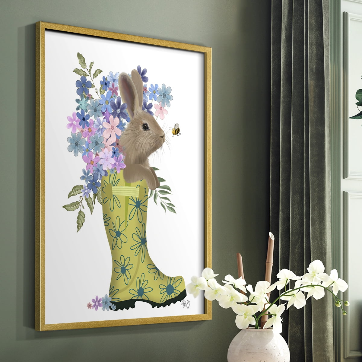 Welly Bunny And Bee Framed Print in Gold Solid Wood 11 x 14 Framed Print