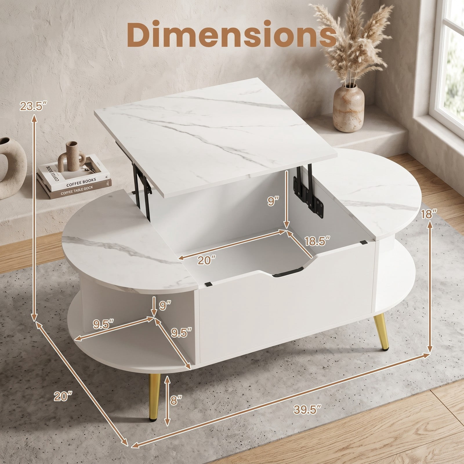 Furnibear Faux Marble Lift Top Coffee Table with Hidden Compartment and Side Shelves, 2-in-1 Rectangle Storage Center Table for Living Room, Engineered Wood &, White