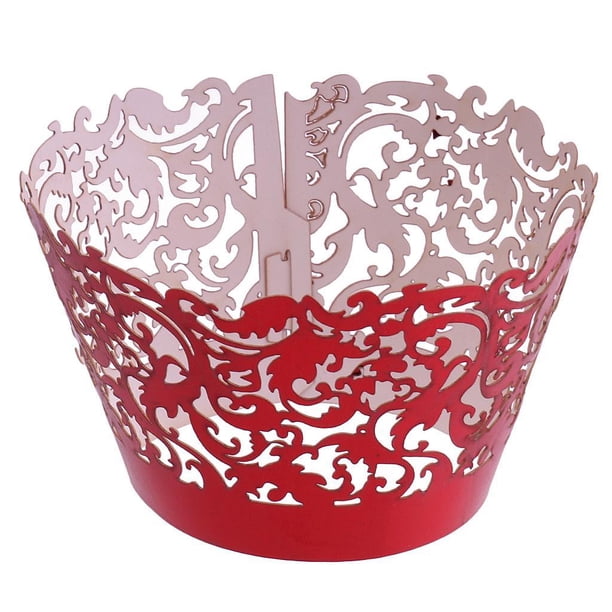 50pcs Papel Envoltura de Magdalena Filigrana para Cumpleaños Boda Bienvenida Roja Rojo metalizado Colco Envolturas para Magdalenas