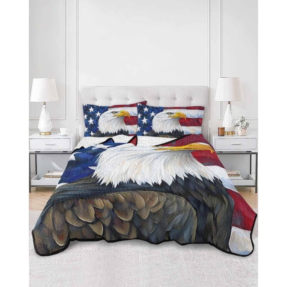 Quilts King Size, 4th of July Soft Comforter Bedding Set for Bed, Independence Day American Flag Eagle Blue Red Lightweight Quilted Bedspread with Pillow Cover(2 Pieces) for All Season, 96x106 Inch