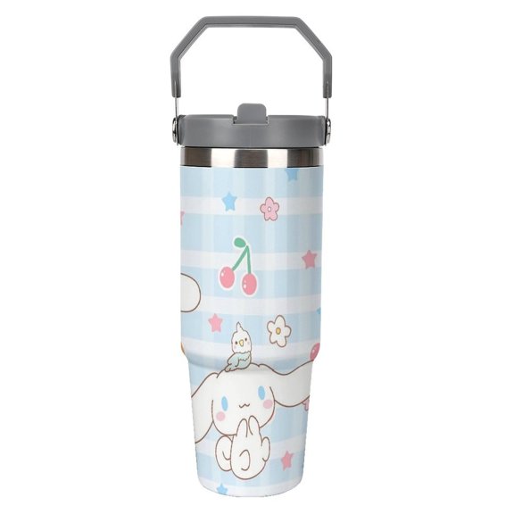 Kawaii Cinnamoroll Lemon Cherry 30oz Stainless Steel Tumblers with Flip Straw & Handle, Insulated Double Walled Water Bottle for Home, Office, Car, Leak Proof, Reusable
