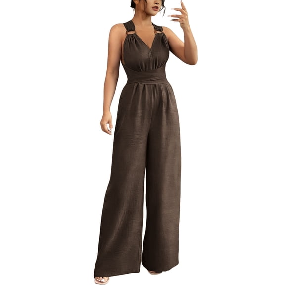PBFRDSJ Jumpsuits for Women Dressy Sleeveless V Neck Wide Leg Pants Solid Off Shoulder High Waisted Overalls for Business Casual Travel