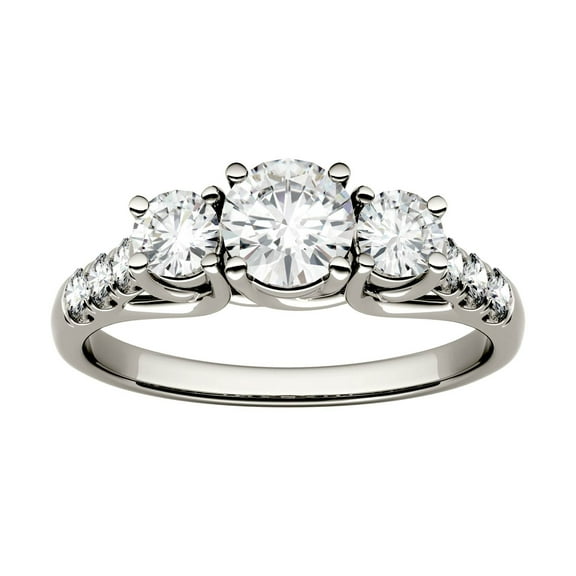 Charles & Colvard 14K White Gold Moissanite 5mm Round Trellis Three Stone Engagement Ring-Size 9 1.17cttw DEW