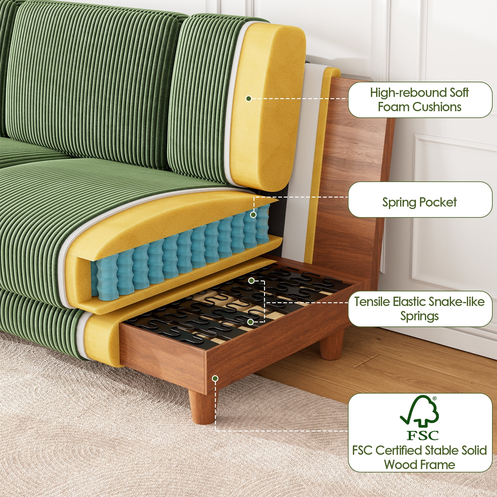 Patbrela 101" Oversized Corduroy Sofa with Storage, 24" Extra Deep Seat Couch, Comfy Upholstered with Cup Holder, 2 Pillows, Green