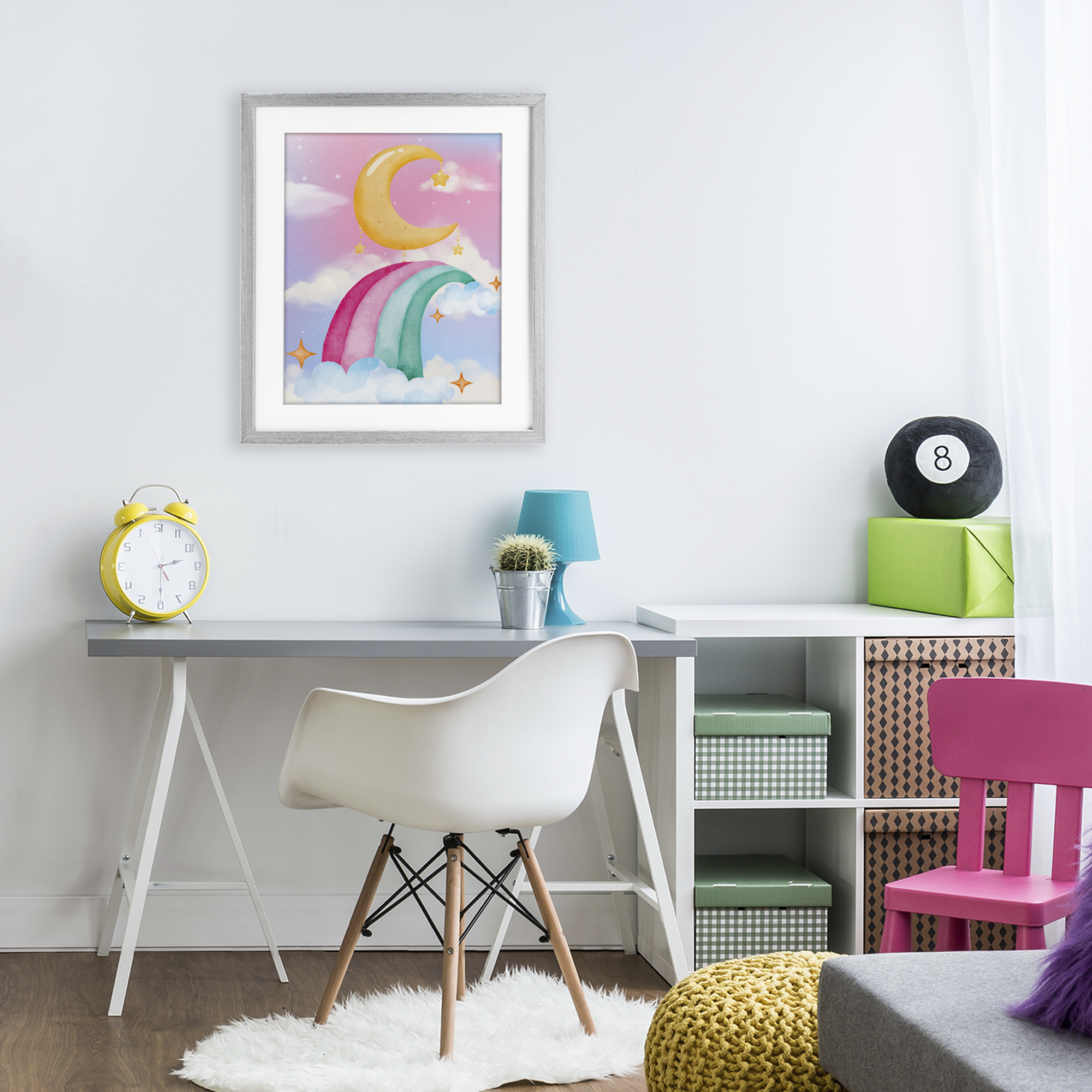 Moon Rainbow in Clouds Gray Framed Print Under Glass, design by Jesse Keith