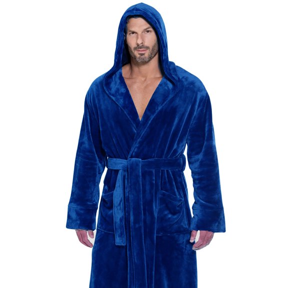 Royal Blue Hooded Bathrobe for Men. XL, Full Length. 100% Cotton Fleece. Spa & Resort Sales
