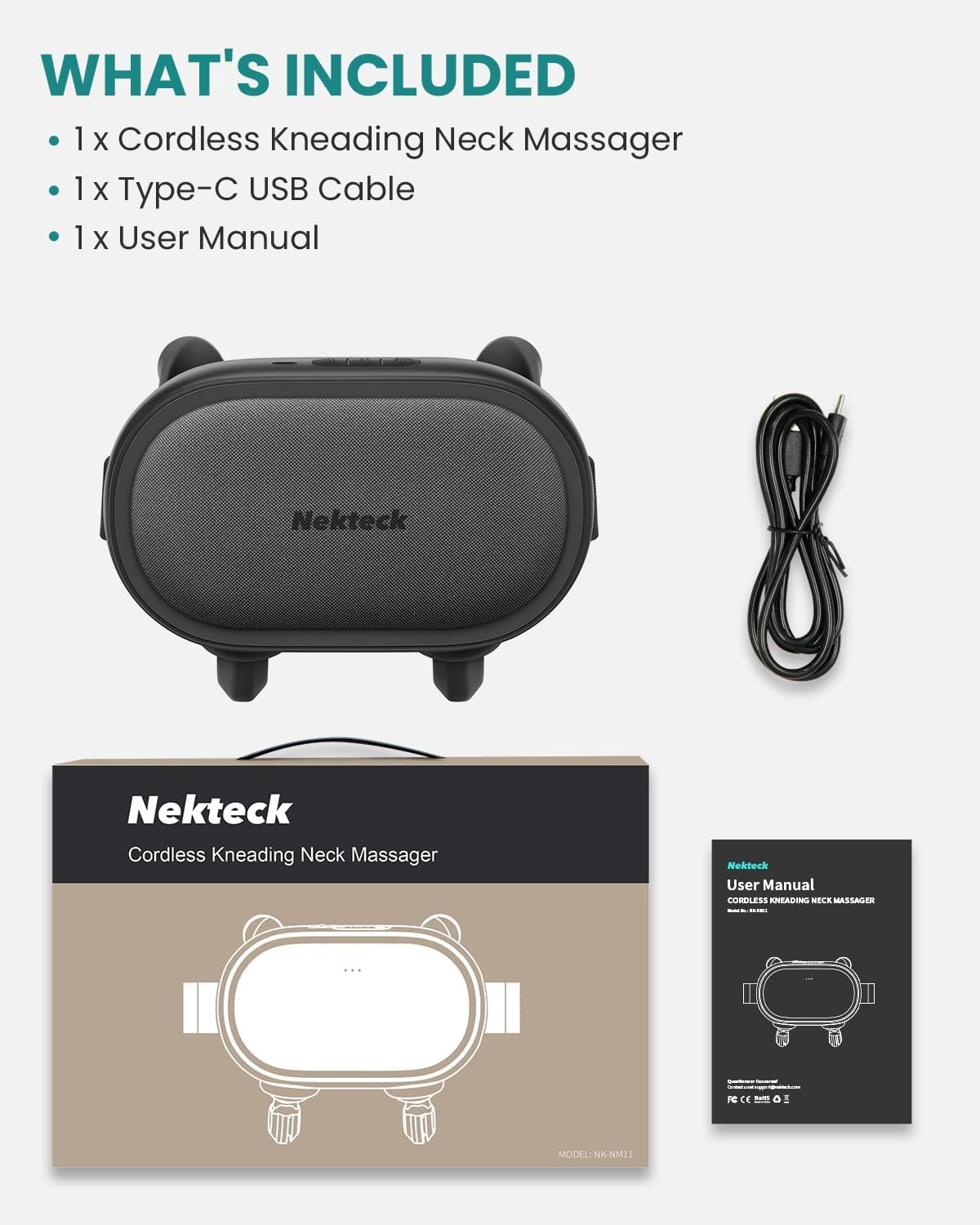 Nekteck Cordless Shiatsu Neck and Back Massager with Heat, 6D Deep Kneading Shoulder Massager, Rechargeable Massage Pillow with 3 Modes, 2 Intensity Levels, 10-Min Auto Shutoff, Gift for Men Women