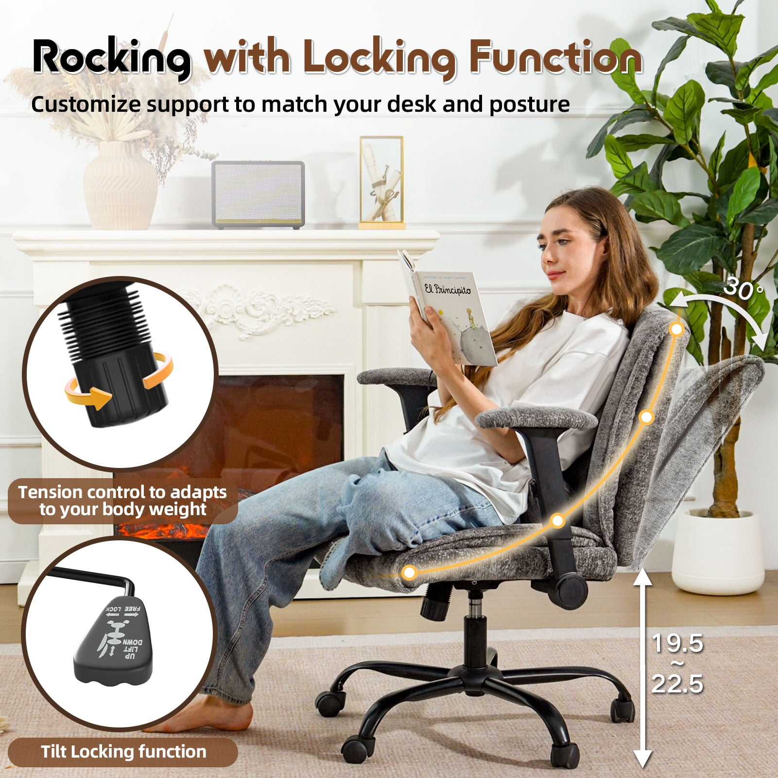zzw Chenille Home Office Criss Cross Chair with Flip Arms, Lumbar Support and Wheels, Gray