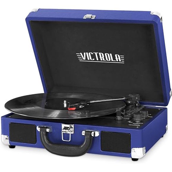Victrola Vintage Tocadiscos portátil Bluetooth de 3 velocidades con altavoces incorporados | Sonido de audio de tocadiscos mejorado | Azul cobalto, número de modelo: VSC-550BT-COB