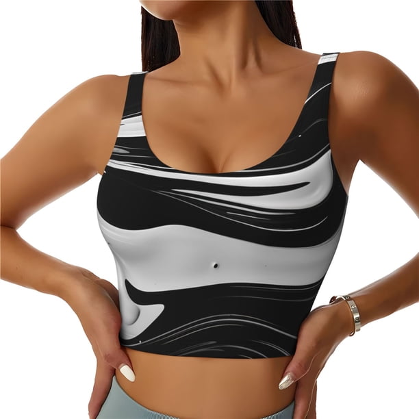 Fotbe Abstract Black White Swirls Sujetador Deportivo Largo sin Aros para Mujer con Almohadillas y Soporte Medio, Transpirable y Absorbente, Camiseta Tipo Chaleco o Tank Top-Small