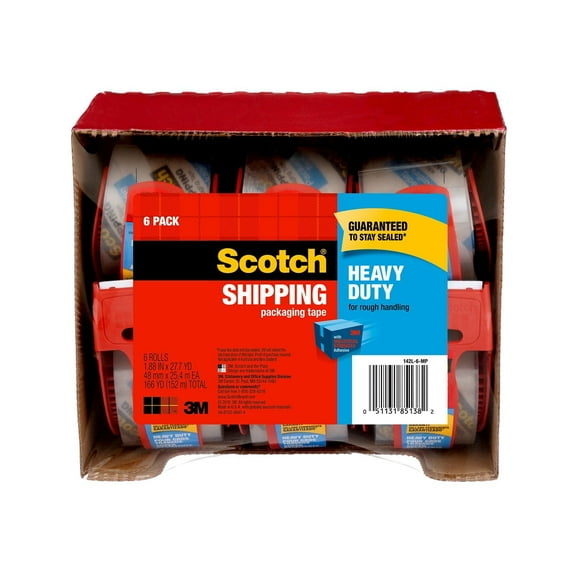 Scotch Heavy Duty Shipping Packaging Tape Dispensers, 1.88' x 27.7 yd, 6 Pack