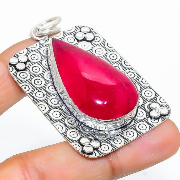 Red Jade Gemstone Handmade 925 Sterling Silver Jewelry Pendant 2.44"