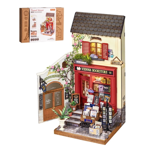 Robotime Vienna Bookstore DIY Miniature House Kit, 290PCS Mini Dollhouse Craft Kits for Adults to Build, Wooden 3D Puzzle Toys Model Building Sets, Gifts for Adults Teens