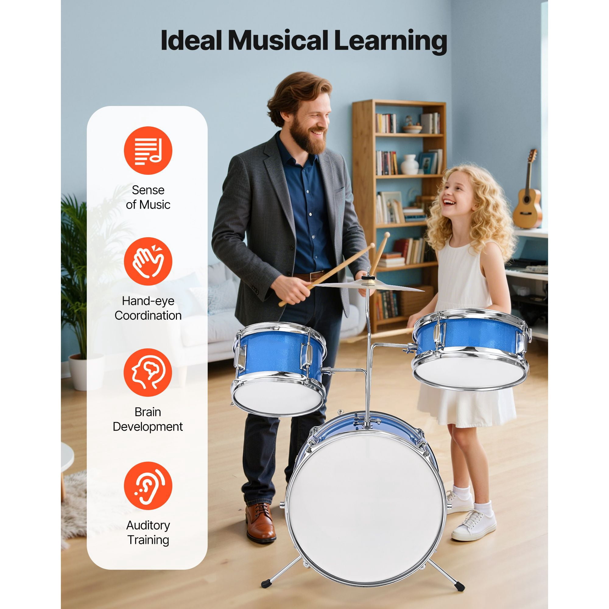 Kids Drum Set, 3-Piece 14 in Junior Drum Sets, Beginner Drums Set with Adjustable Throne, Cymbal & Two Pairs of Drumsticks, Musical Learning Drums Instruments Kit, for Children Ages 6-13 (Blue)
