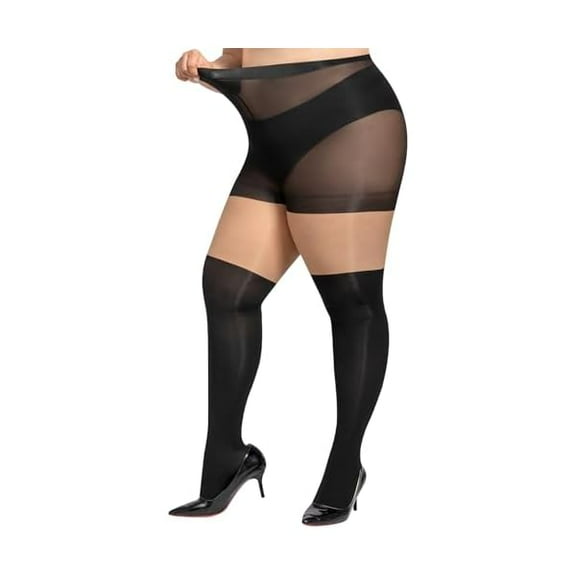 ZC Plus Size Faux Thigh High Tights Goth Mock Over Knee Stockings Black Sheer Suspender Pantyhose for Women