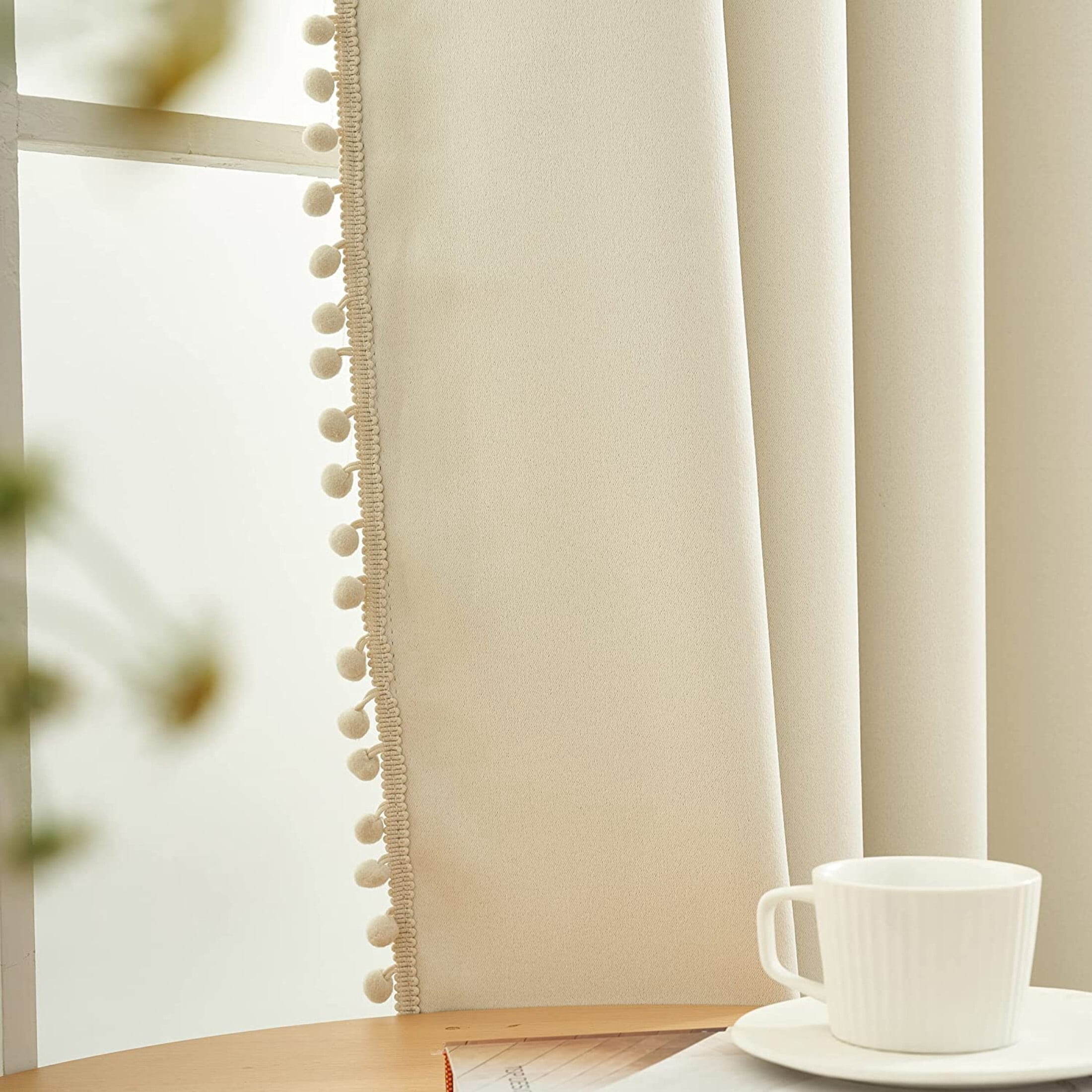 Flowpartex Pom Pom Modern Beige Grommet Blackout Curtain Panel Pairs, 52” x 84” (2 Panels)