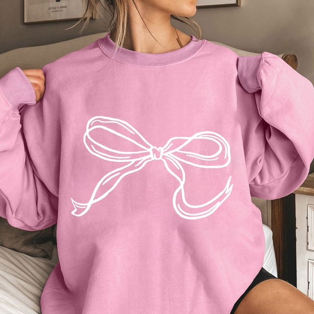 TIMIFIS Chandails en Molleton Roses pour Femmes Col Rond Manches Longues Pull Oversize Tenues Décontractées Printemps Automne Imprimé Nœud Pulls pour Femmes - Printemps/été