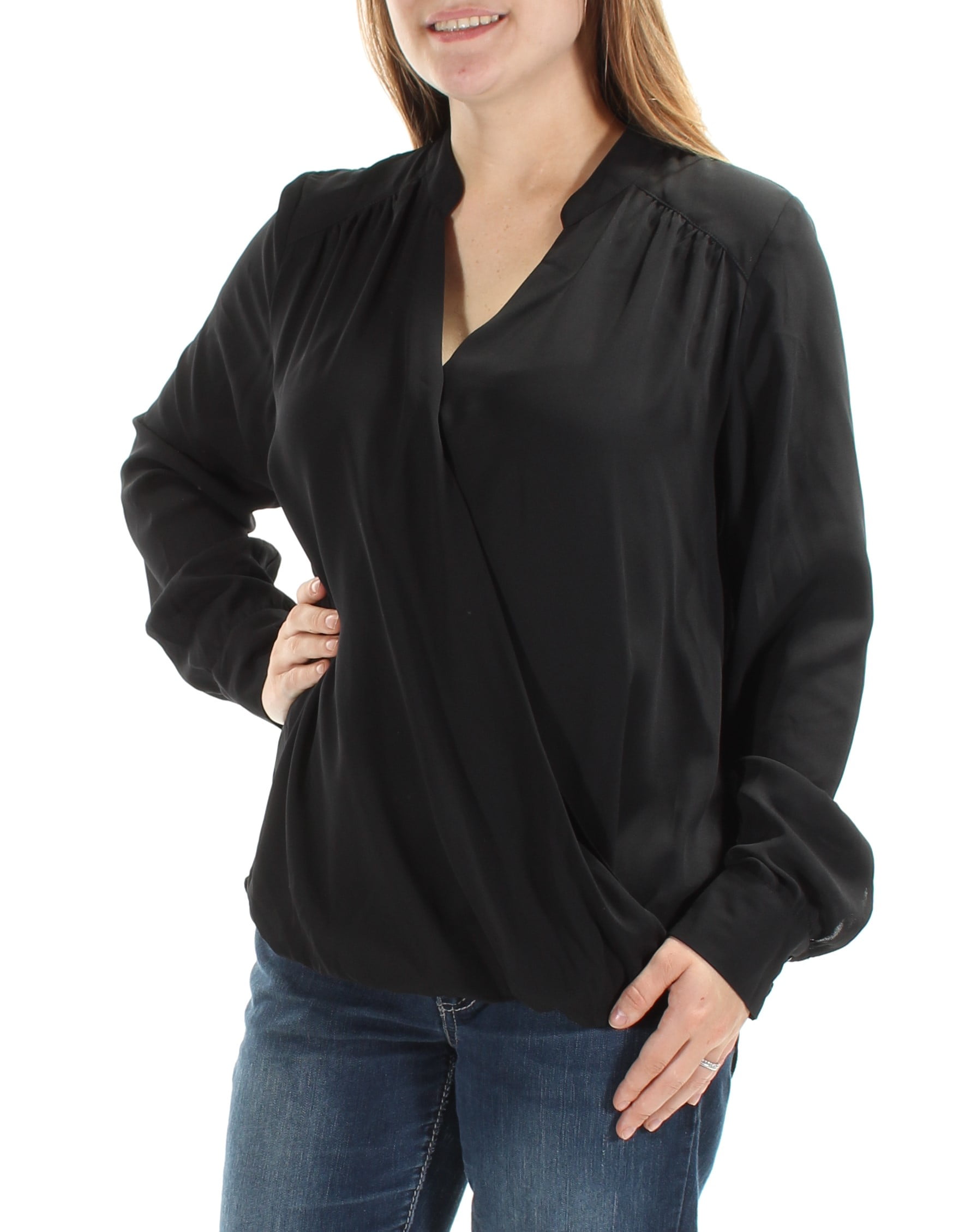 INC INC Womens Black Sheer Cuffed V Neck Faux Wrap Faux Wrap Top Plus