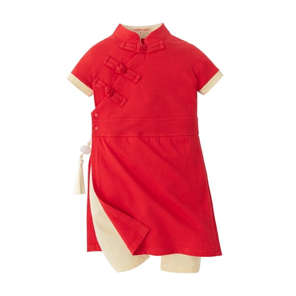 Otqutp Baby Boys Girls Traditional Chinese Cheongsam Outfit Retro Embroidery Long Sleeve Jumpsuit Newborn Infant New Year Rompers