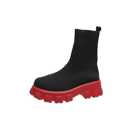 

GENILU Ladies Sock Ankle Boots Womens Knitted Chunky Cleated Sole Winter Chelsea Shoes