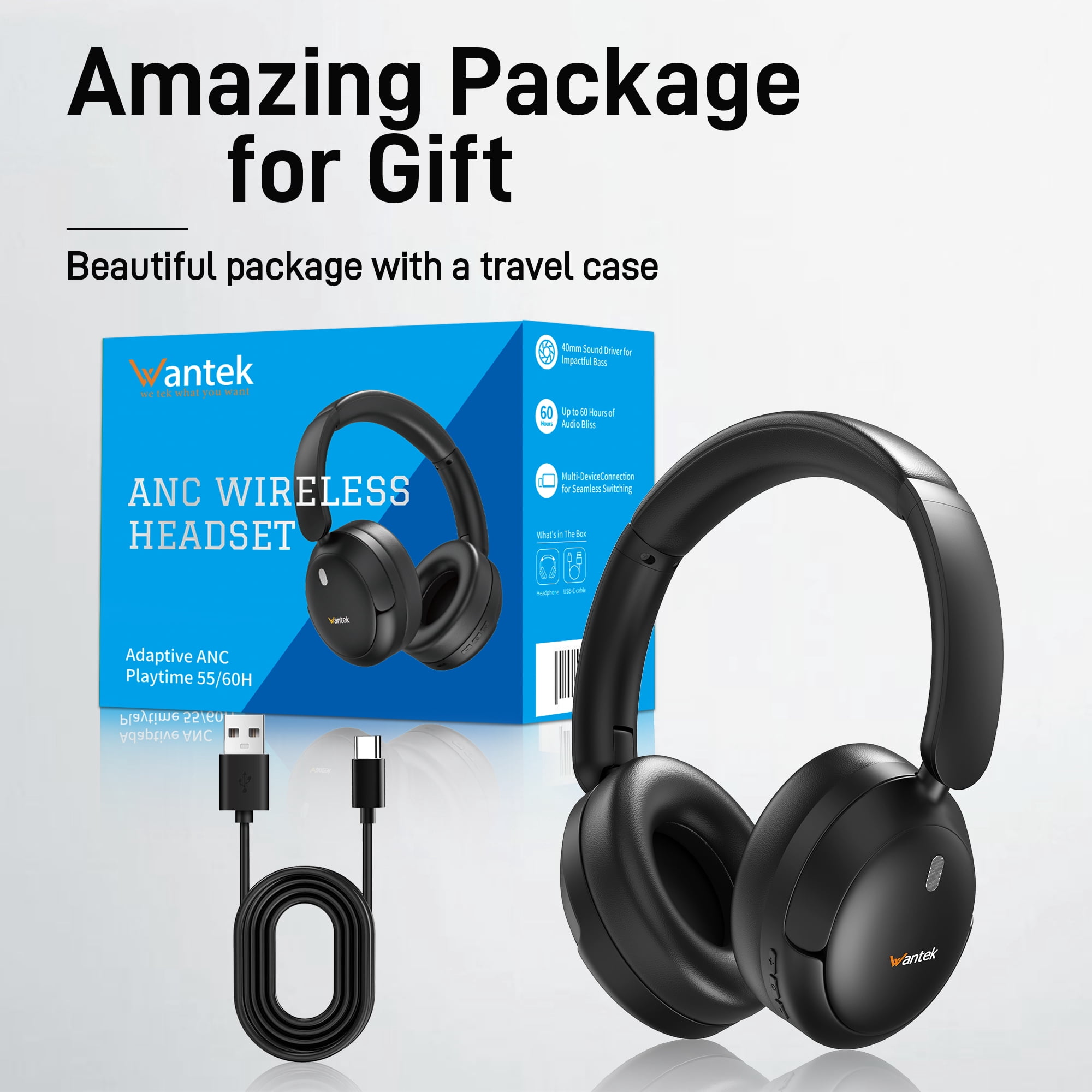 Wantek Active Noise Cancelling Headphones , 70-Hour Bluetooth Headphones, Deep Bass & Hi-Fi Sound - Over-Ear Comfort for Office,PC,Travel, Work