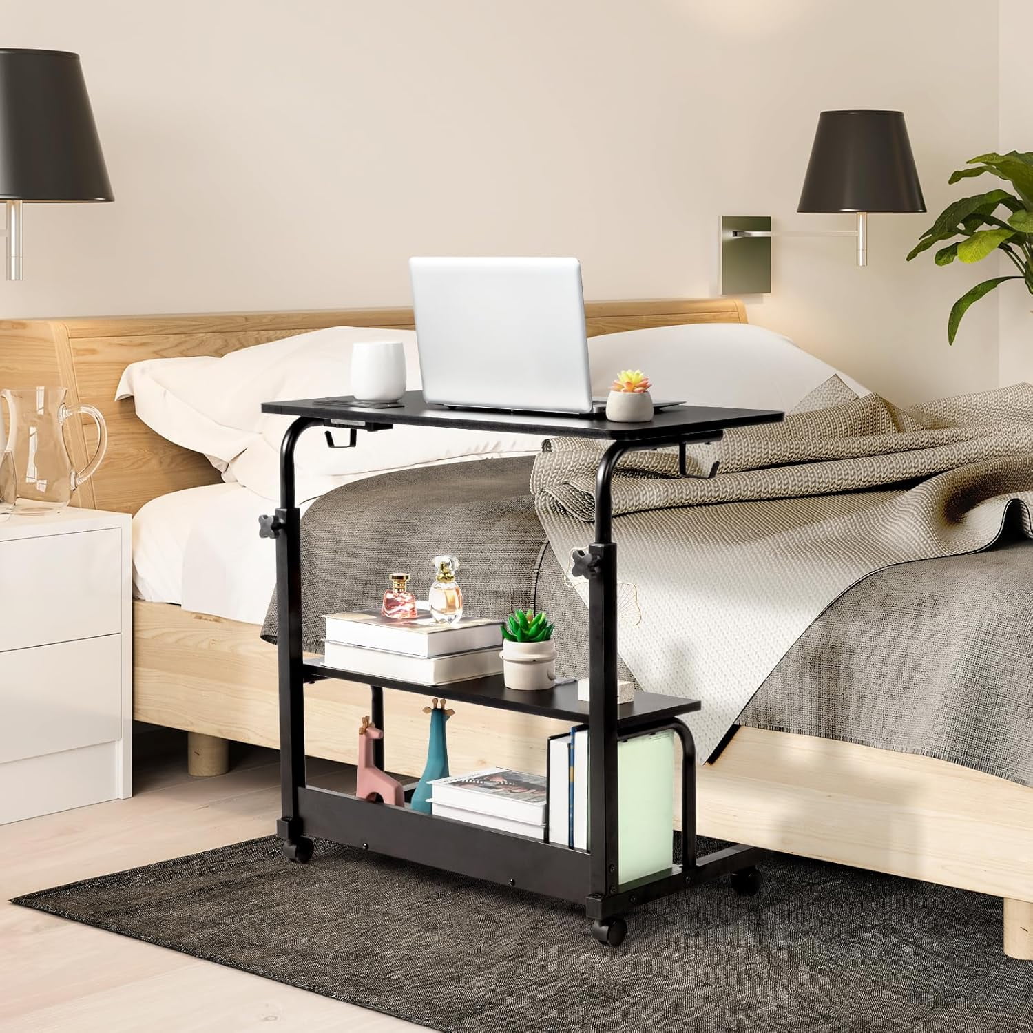 JessieMal 31.5" Portable Rolling Desk on Wheels,Height Adjustable Standing Desk with 2 AC Outlets/3 USB Ports,Mobile Laptop Table with Hooks and Storage Shelves for Home Office，Black