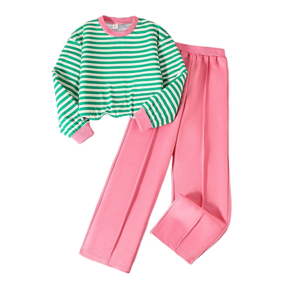 Zanarzt Girls Outfits Girls Fashion Stripe Long Sleeve Top Pants Casual Two Piece Set Green,8-9 Years