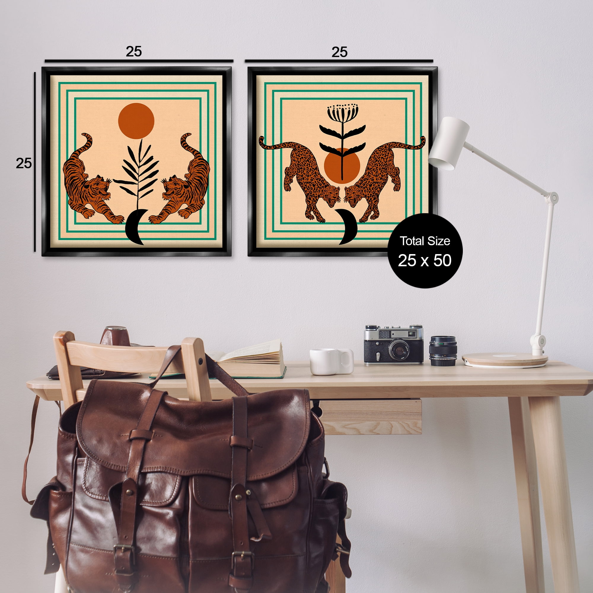 Stupell Industries Boho Symmetrical Wild Cats Animals Painting Black Floater Framed Canvas Art Print Wall Art, 25 x 25, Set of 2