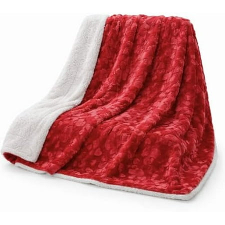 Valentine's Romantic Red Faux Fur Throw Blanket - Fluffy Lovely Hearts Plush Sherpa Backside Fleece for Lap or Sofa - Cuddly Gift for Her Embossed Solid Pomegranate Merlot - 50" x 60"