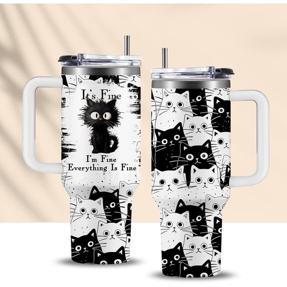 Cat Lover Gifts, Gift for Cats Lovers Women Men Girls Funny 40oz Black Cats Themed Tumbler Cups with Handle - Everything Is Fine Mug, Christmas Birthday Gift for Black Cat Mom Lady Gifts Cup