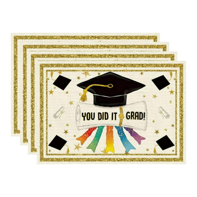 Graduation Themed Polyester Placemats For Dining Table Kitchen Slip Washable Table Mats Set Of 6 Modern Stylish Home Accessories