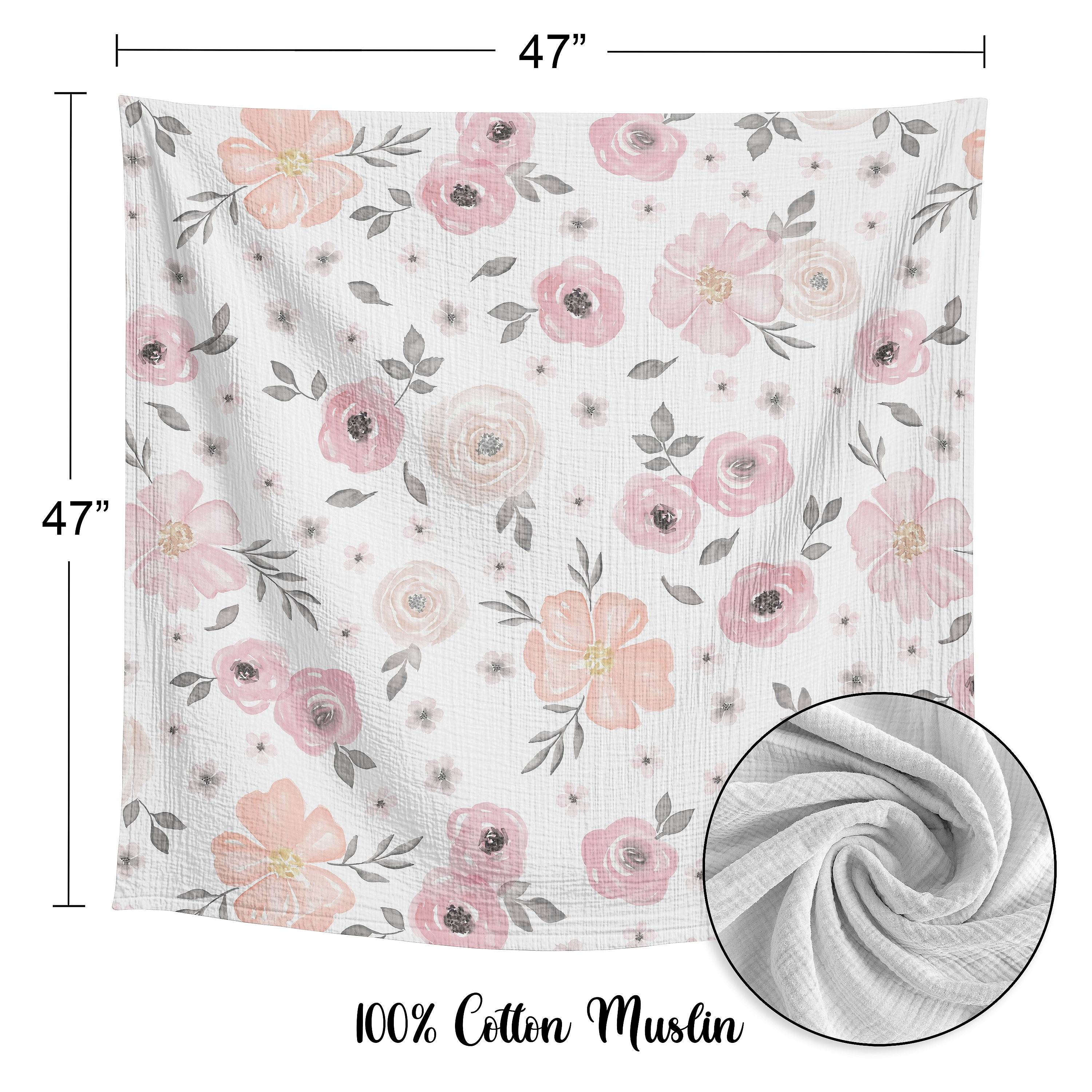 Sweet Jojo Designs Watercolor Floral Pink and Grey Girl 2 Pack 100% Cotton Muslin Baby Swaddle Receiving Blankets