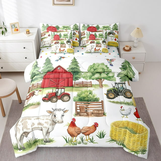 Rustic Farm Comforter Set Full,Cute Cow Cattle Chicken Farmhouse Animal Bedding Set,Red Cabin Farm Tractor Botanical Trees Bed Set 7 Pieces(Comforter+Fitted+Flat Sheet+Pillowcase+Pillow Cover)