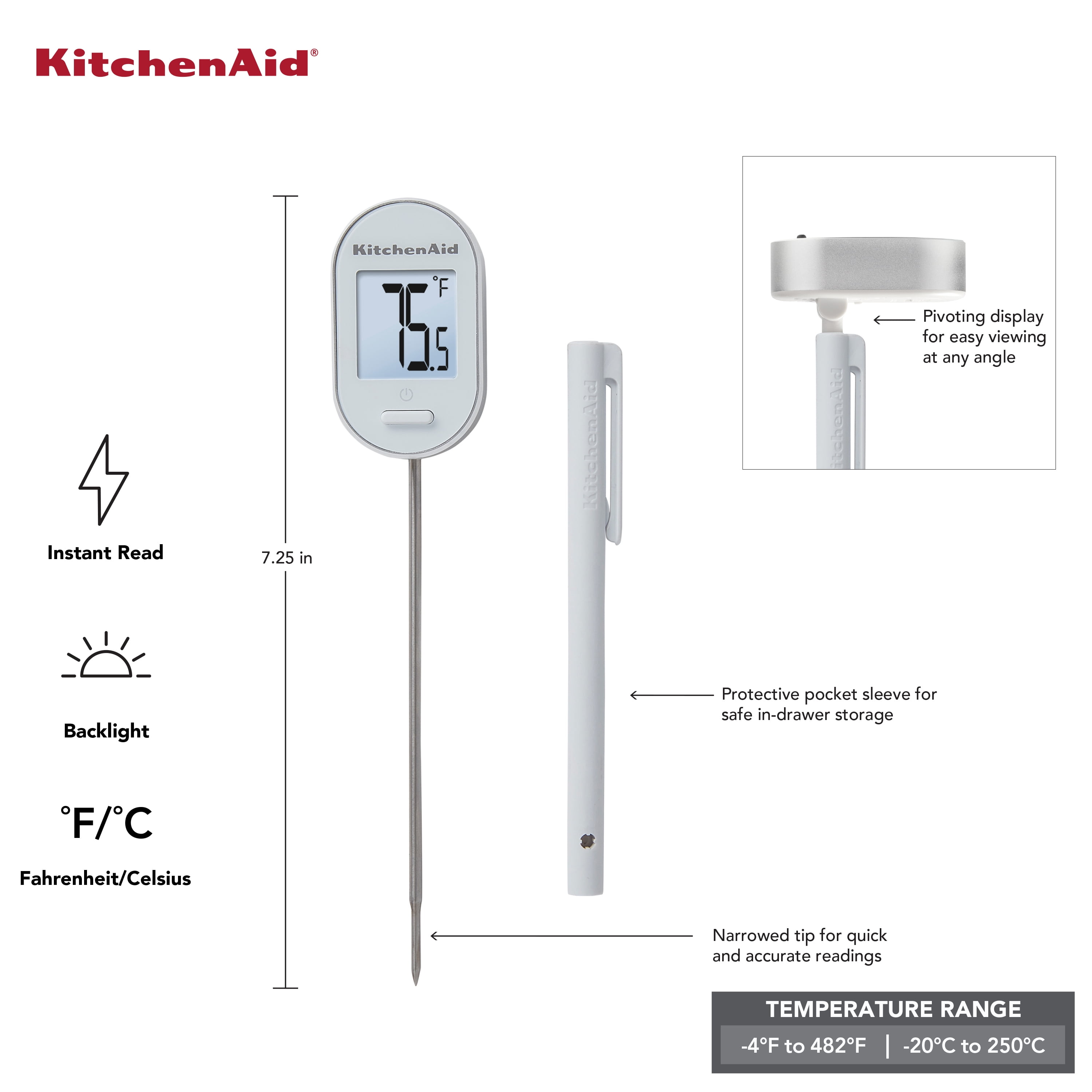 KitchenAid Digital Instant Read Kitchen and Food Thermometer, -40F to 482F, White, KQ904WH