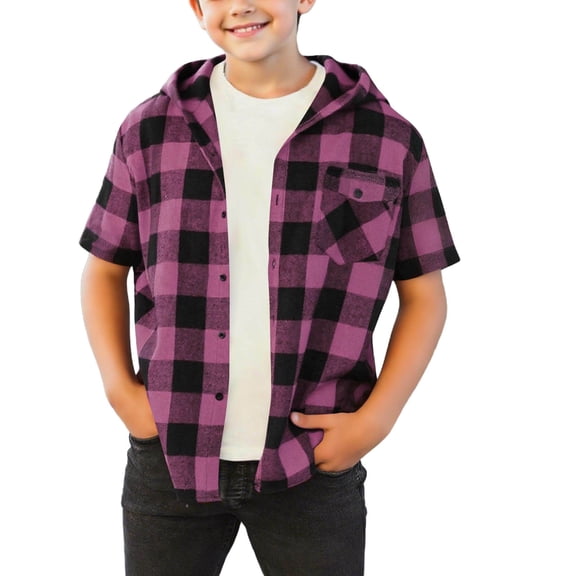 ZQUUVOU Boys Girls Plaid Hoodie Short Sleeve Spring Summer Button Down Shirt Jacket Casual Lightweight Outerwear for 4-15 Years Hot Pink