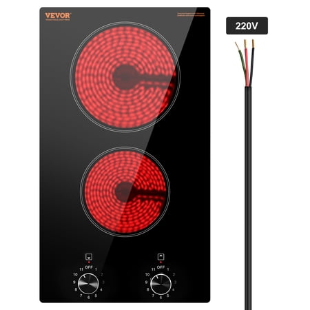 VEVOR Electric Cooktop, 12 inch 2 Burners Built-in Electric Stove Top, 3000W Ceramic Top Radiant Cooktop, with Glass Panel, Knob Control, 11 Heat Levels, 220-240V, Hard Wire (No Plug)