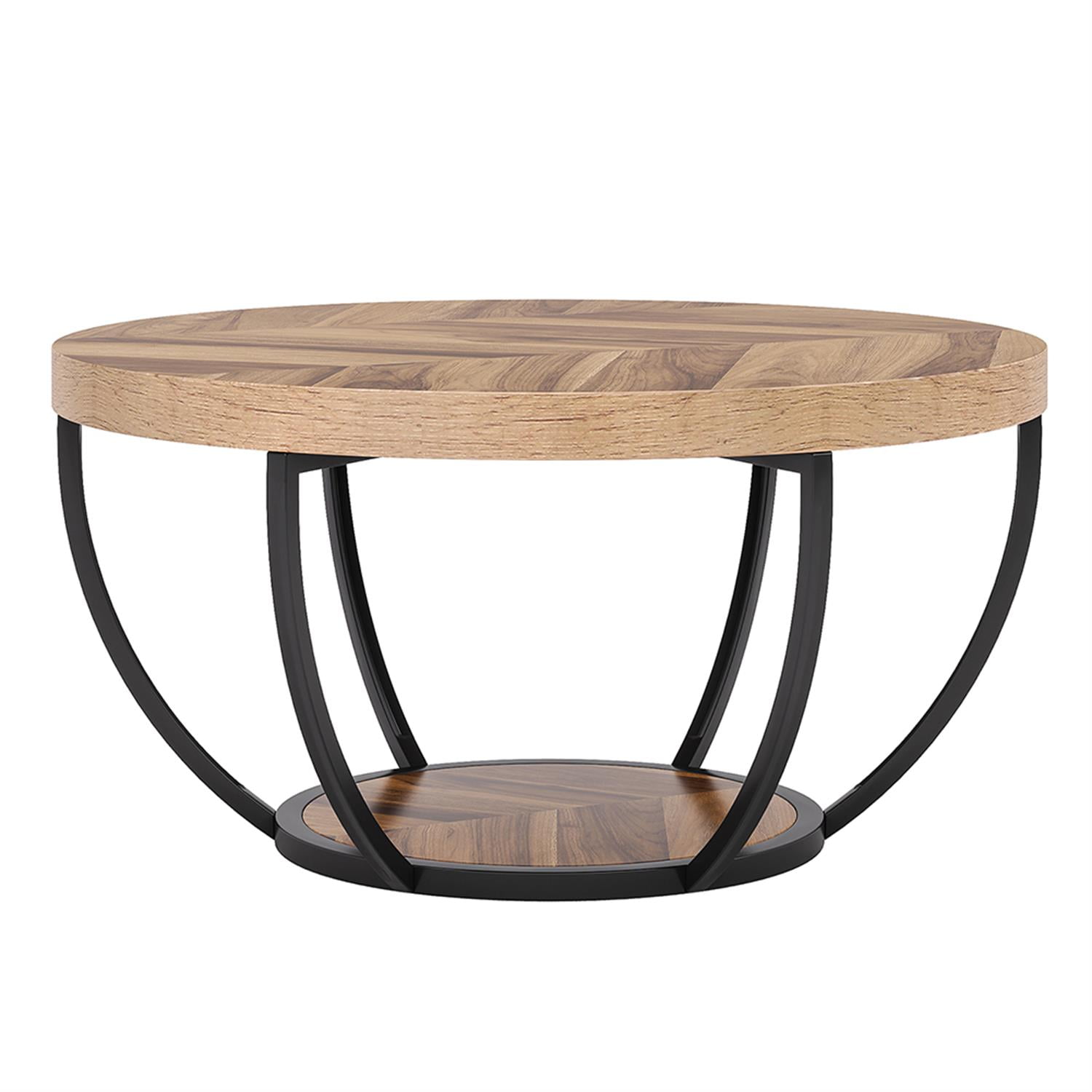 Demi Bonn Wooden Coffee Table, 2-Tier Round Central Cocktail Table with Shelves for Living Room, Beige
