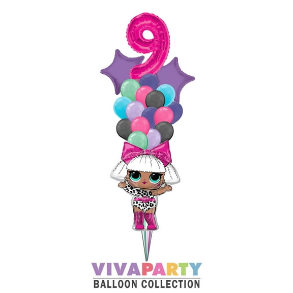 19 pc LOL Super Shape Diva with Solid Star and Latex Balloon Bouquet 19 pc, 9th Birthday, Hot Pink Number 9 Jumbo Balloon | Viva Party Balloon Collection