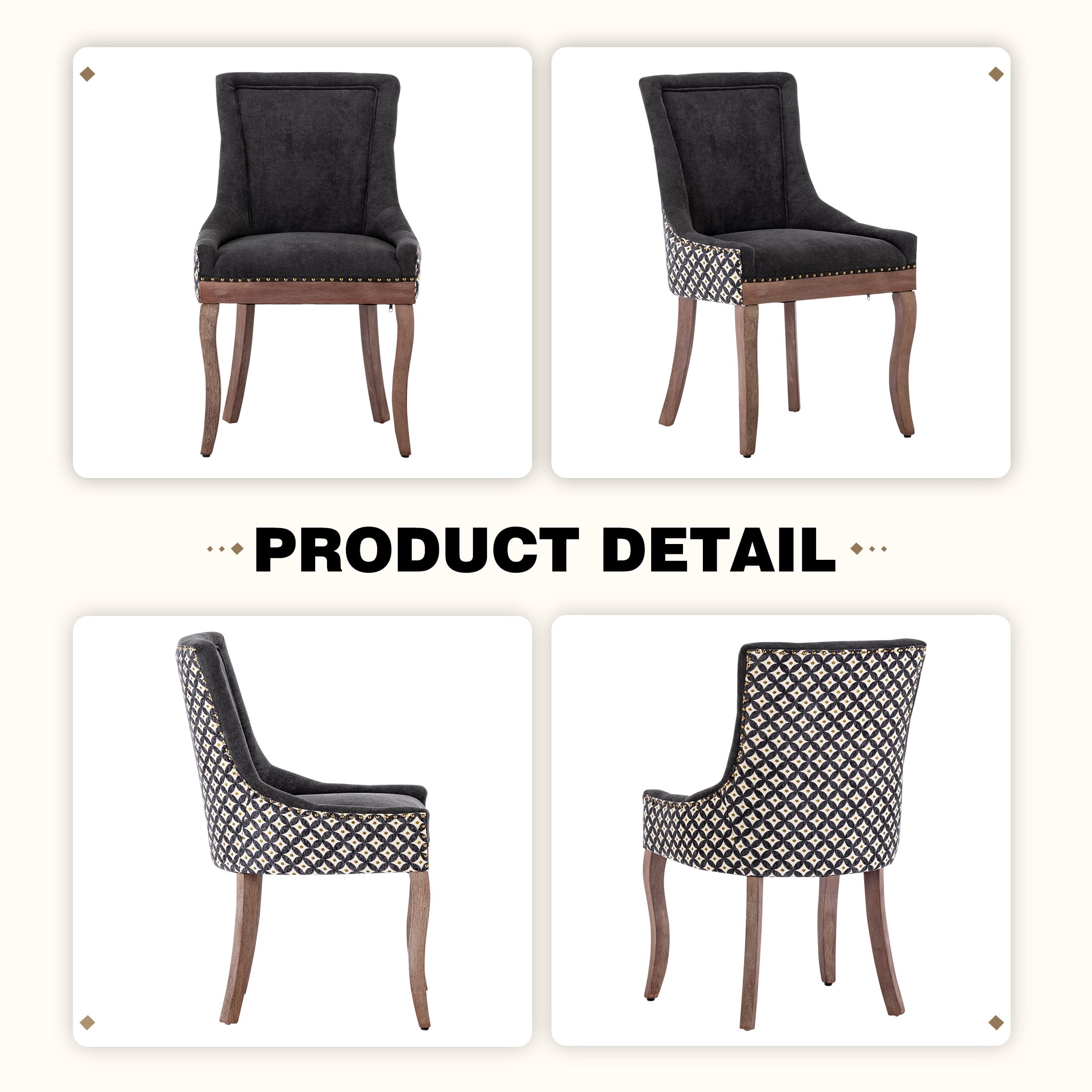 Dining Chairs Set of 2, LEGAHOME Black Fabric Upholstered Dining Chairs, Mid-century Kitchen Chairs with High Back, Bronze Nail Head, Solid Wood Legs, Black, 2 Pcs