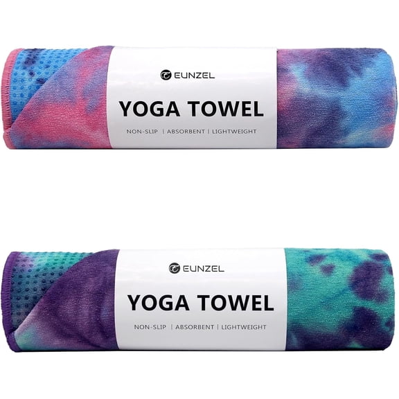 2 Pack Hot Yoga Towel with Grip Dot, Non Slip Yoga Mat Towe Sweat Absorbent Towel for Hot Yoga,Bikram, Pilates and Fitness 72" x 24", Purple & Pink/Green & Purple