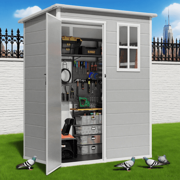 5' x 3' Outdoor Storage Shed, Lofka Resin Outdoor Storage Cabinet with Double Lockable Doors, Waterproof Tool Shed, Gray