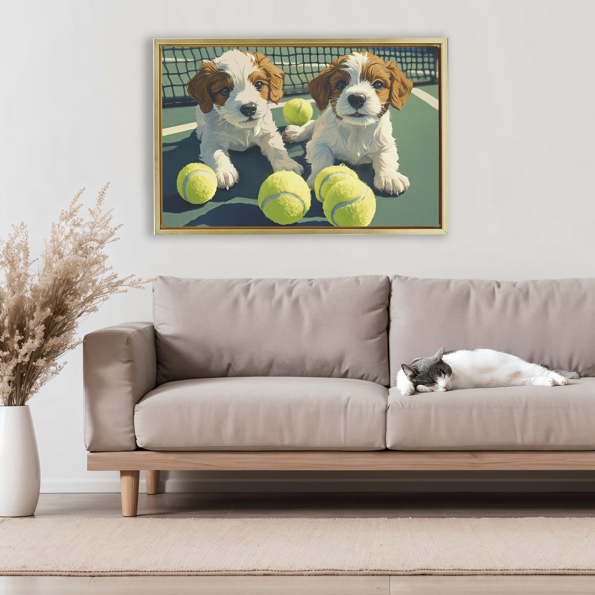 Stupell Industries Playful Puppies with Tennis Balls Gold Framed Floater Canvas Wall Art, design by Imagine It Images