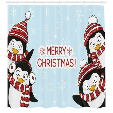 Christmas Shower Curtain New Year Quote Cute Penguins With Hats